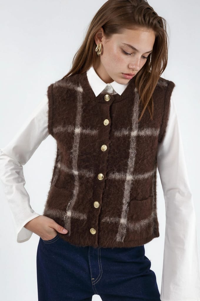 Ruitvormige Crew Neck Sweatervest met Knopen