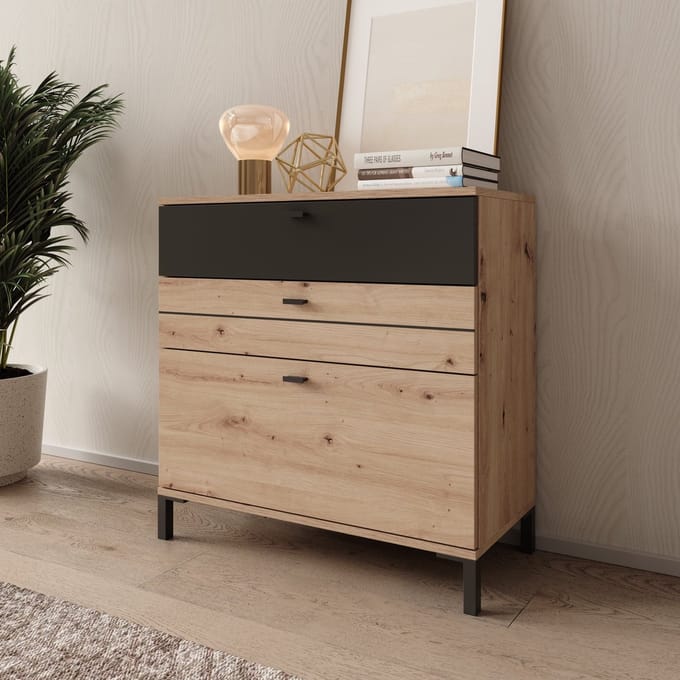 Meubella - Basmira - Ladekast met 3 lades - Eikenpatroon - 77x35x78 cm