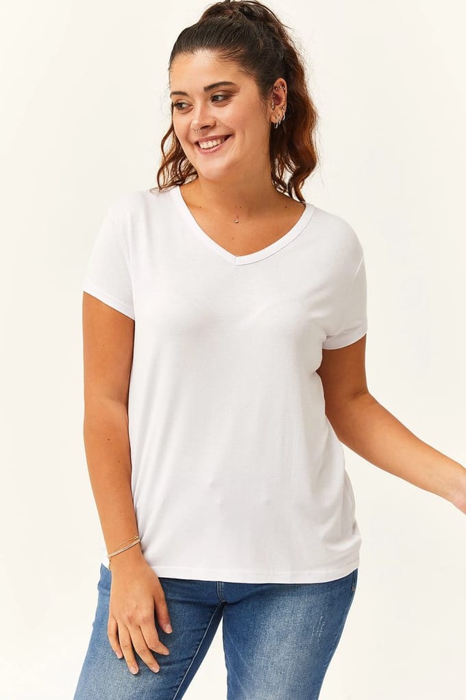 Dames Grote Maat 6XL V-Hals Basic Kortemouw Wit T-Shirt
