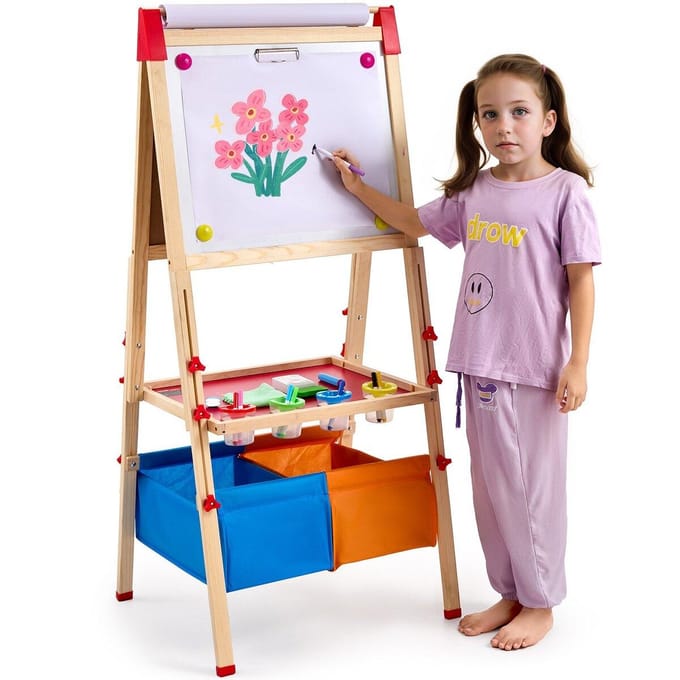 Chevalet d'Art 3-en-1 pour Enfants Double Face en Bois Magnétique Blanc et Ardoise