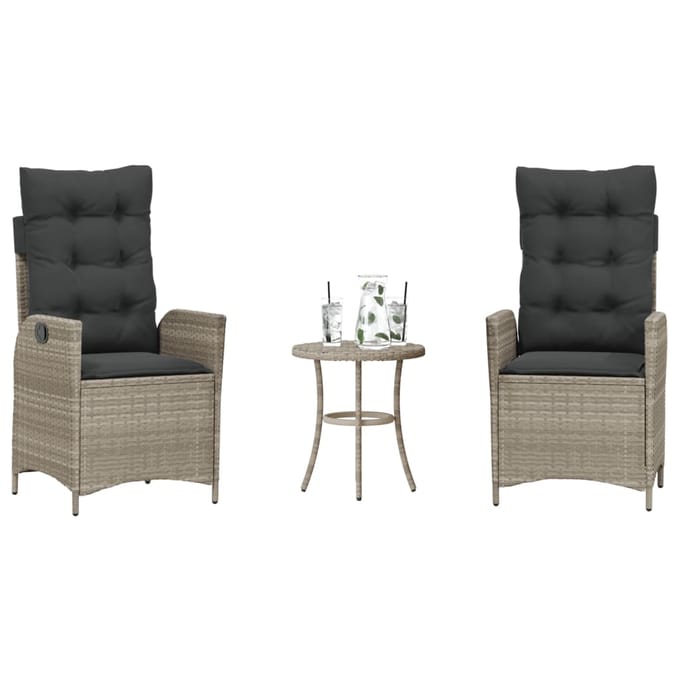 vidaXL - 3-delige - Bistroset - met - kussens - poly - rattan - lichtgrijs