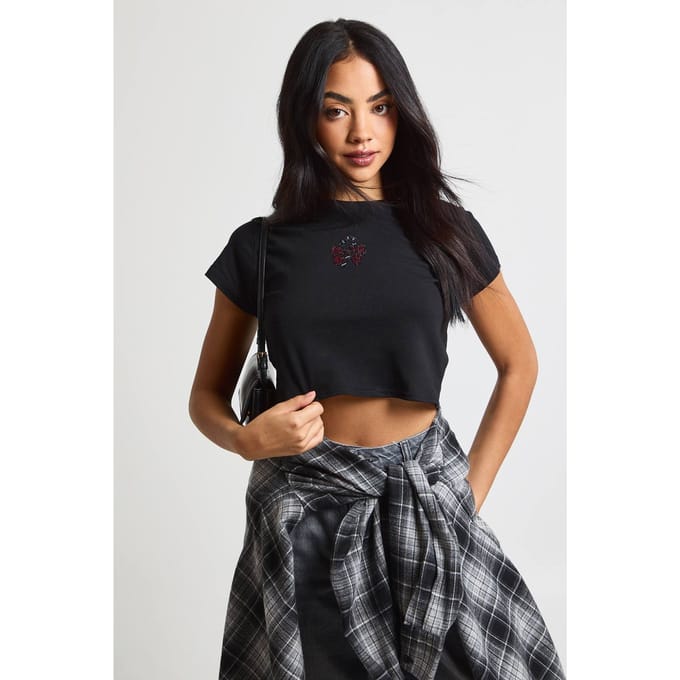 boohoo Dames Candycane Hoed Hotfix Baby T-shirt | Black | Maat: 8