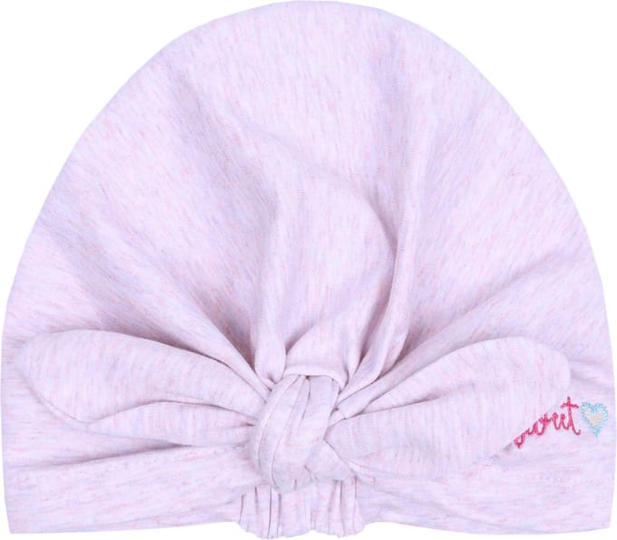 Roze melange muts met ruches en knoop