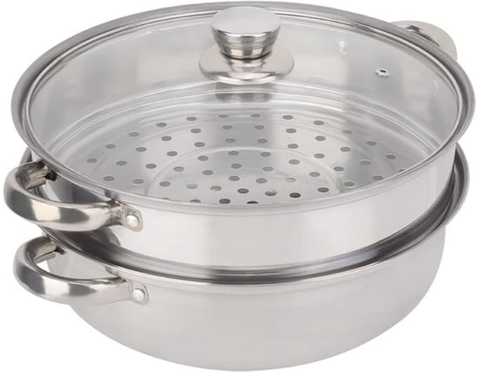 Stoompan 2-laags 27 cm - Roestvrij Staal - Glass Deksel - Zilver