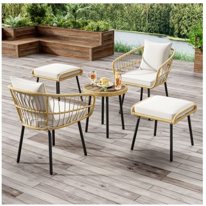 Ensemble de jardin lounge 5 pièces, composé de 1 table à manger, 2 chaises, 2 tabourets, meubles, rotin, naturel