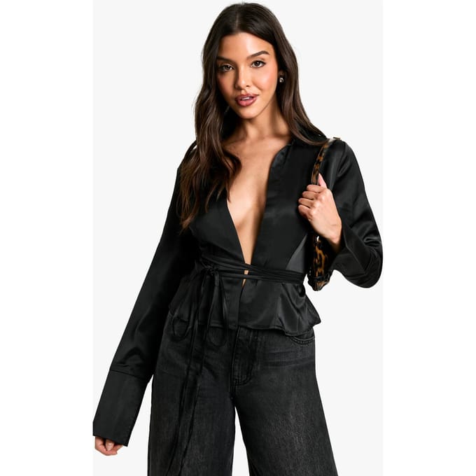 boohoo Dames Collared Deep Cuff Tie Shirt | Black | Maat: 10