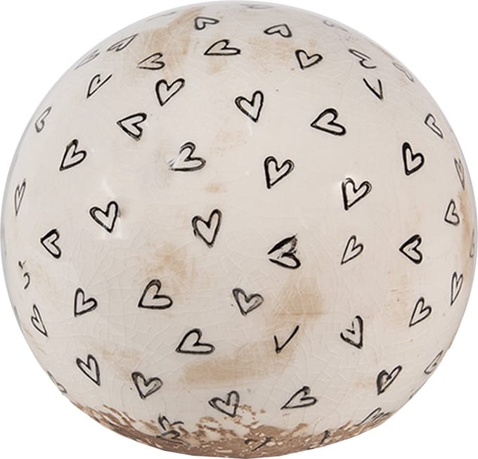 Clayre & Eef Decoratie Bal Ø 12x12 cm Beige Zwart Keramiek Hartjes