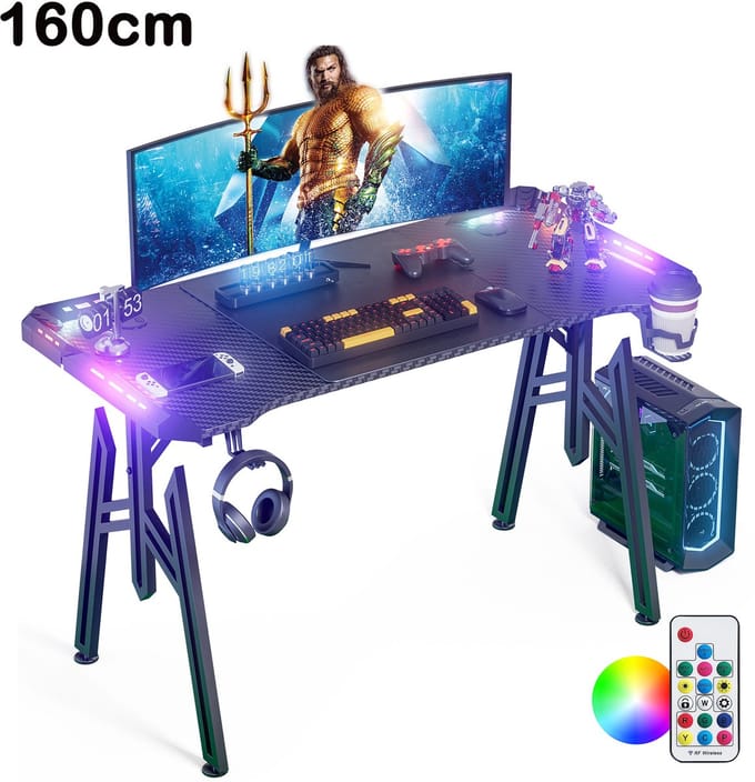 Gaming Bureau 160 cm met RGB LED – Computerbureau met Carbon Look – M-Frame – Zwart