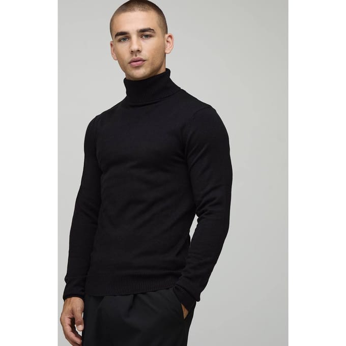 Essential Muscle Fit Roll Neck Knitted Jumper | Black | Size Medium