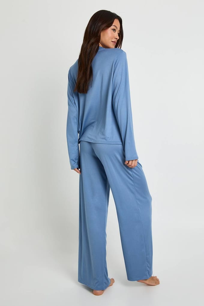 boohoo Dames Lang overhemd met lange mouwen & broekpyjamaset | Dusty Blue | Maat: 8