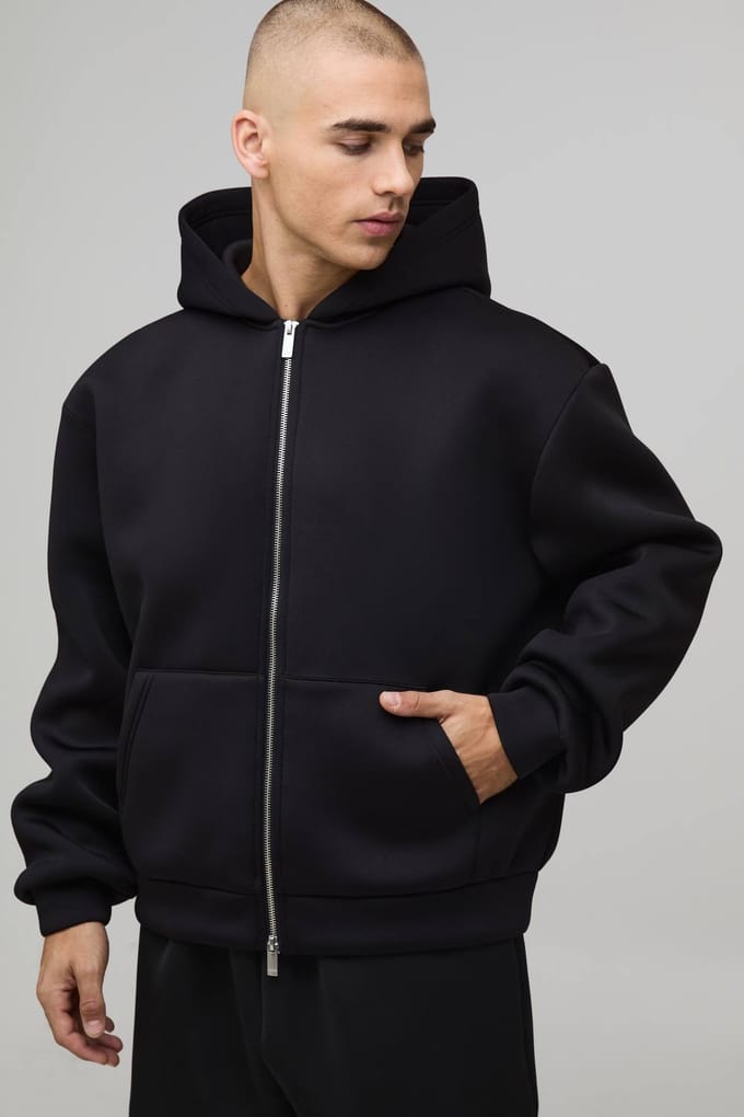 Oversized Boxy Bonded Scuba Zip Through Hoodie | Black | Size Large
