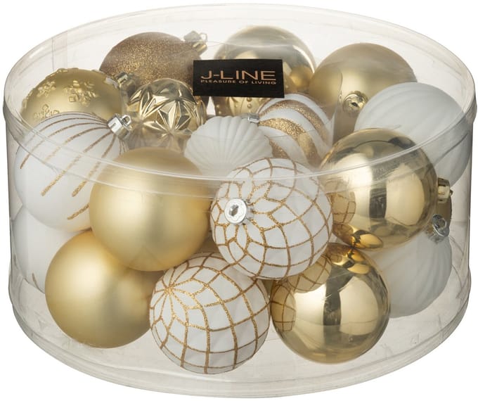 J-Line kerstbal - kunststof - wit/goud - doos van 30