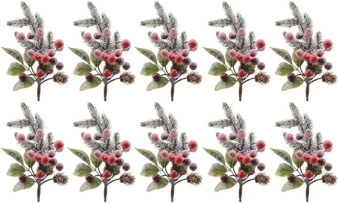 10x Kerststukje stekertjes met bessen en sneeuw groen/rood 20 cm