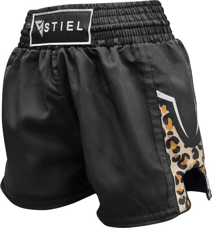 Stiel Leopard Dames Kickboksbroekje - Satijn - Zwart (Beschikbaar in verschillende maten)