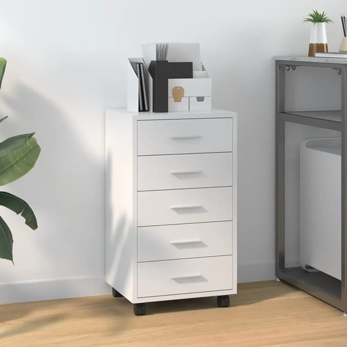 vidaXL - Ladekast - met - wieltjes - bewerkt - hout - hoogglans - wit