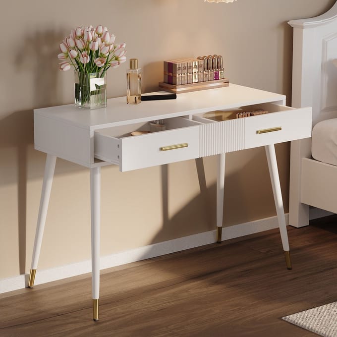 Dressoir - dressoir - bureau met 2 lades - metalen poten - wit - 76 x 100 x 40 cm