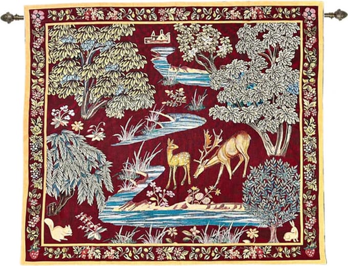 Wandkleed - The Brooks Red - William Morris - Rode achtergrond - 140 x 124 CM