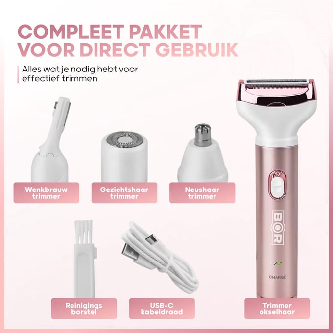 BOR® Ladyshave - Rose met Wit - Ontharingsapparaat - 4 Opzetstukken - Ladyshave Dames - Usb Oplaadbaar