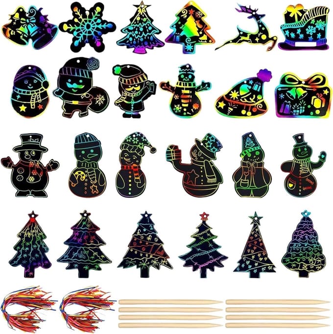 Kerst Scratch Art Set, 48 Stuks Scratch Papier met Linten voor Feestdecoratie en Activiteiten