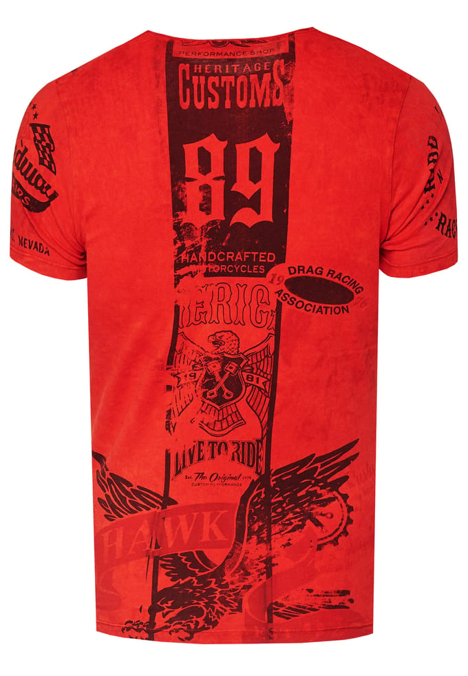 Gewassen biker T-shirt met voor- en achterkant bedrukt