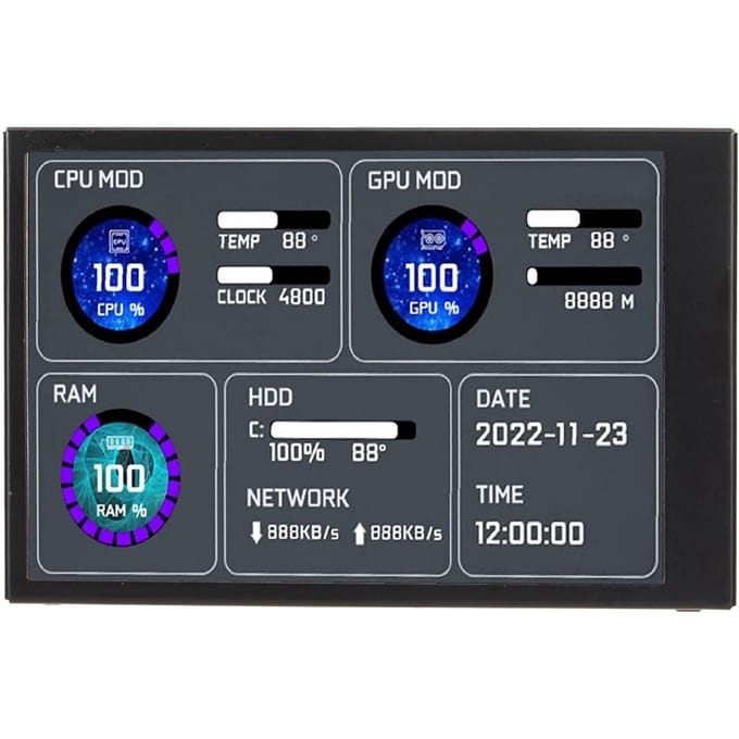 Computertemperatuurmonitor 3,5 inch IPS Dubbele USB C Thema-editor Aanpasbare lay-out PC CPU Data Monitor