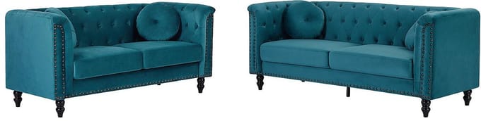 Vente-unique Drie- en tweezitsbank van blauwgroen velours TURNER