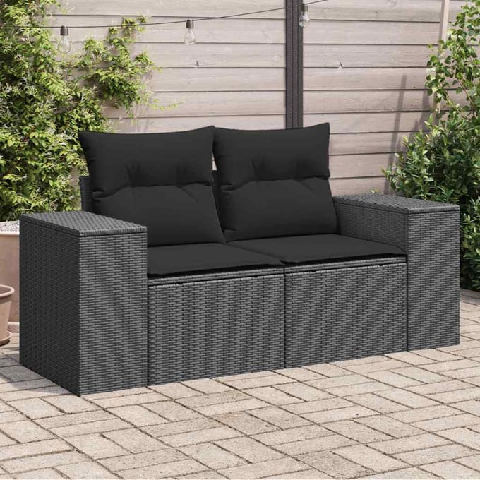 vidaXL - Tuinbank - met - kussens - 2-zits - zwart - poly - rattan
