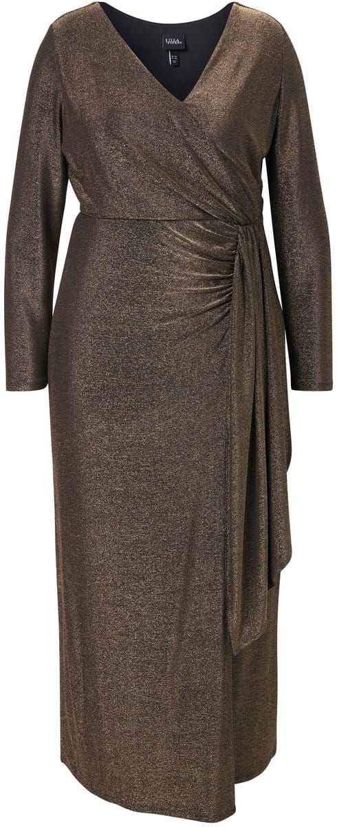 Ulla Popken - Dames - Maxi-jurk glitter wikkellook V-hals lange mouw - Goud - Maat 56