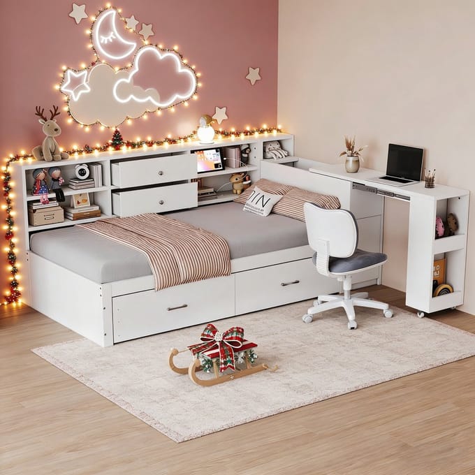 MODFU Luxe Multifunctioneel Kajuitbed (90x200) - Tienerbed met Uitschuifbaar Bureau, Lades, Kast & USB - Wit