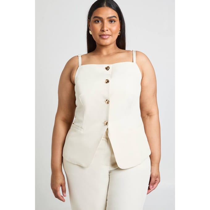 boohoo Dames Plus Gouden Knopen Longline Gilet | Ecru | Maat: 28
