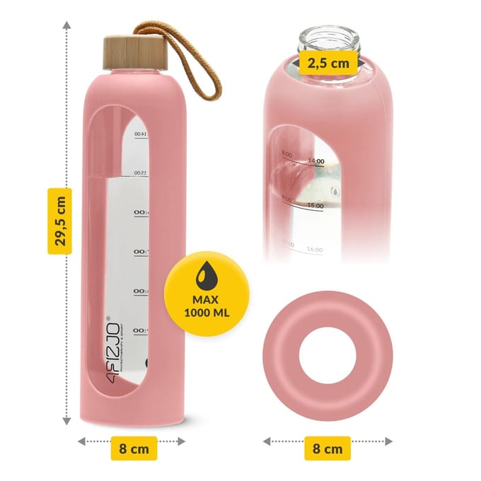 4FIZJO - Glazen Waterfles - 1000 ml - Roze - Borosilicaatglas