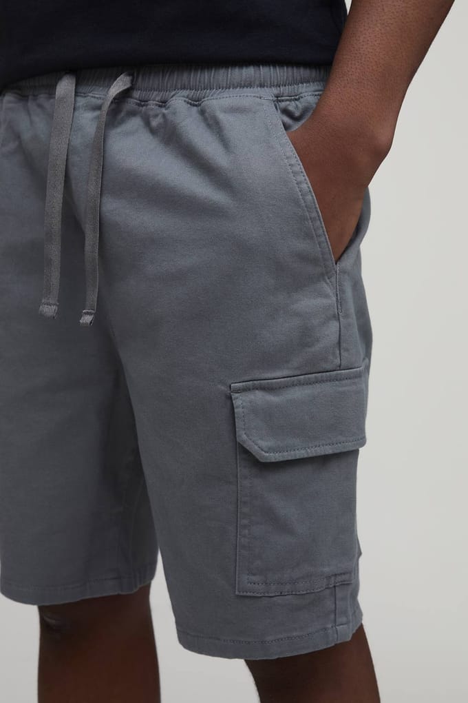 Lange Smalle Pasvorm Twill Middellange Cargo Shorts | Grey | Size Medium