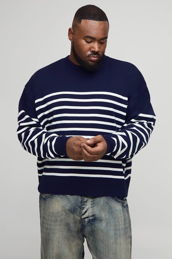 Plus Gebreide Gestreepte Oversized Rondhals Trui | Dark Navy | Size 2XL