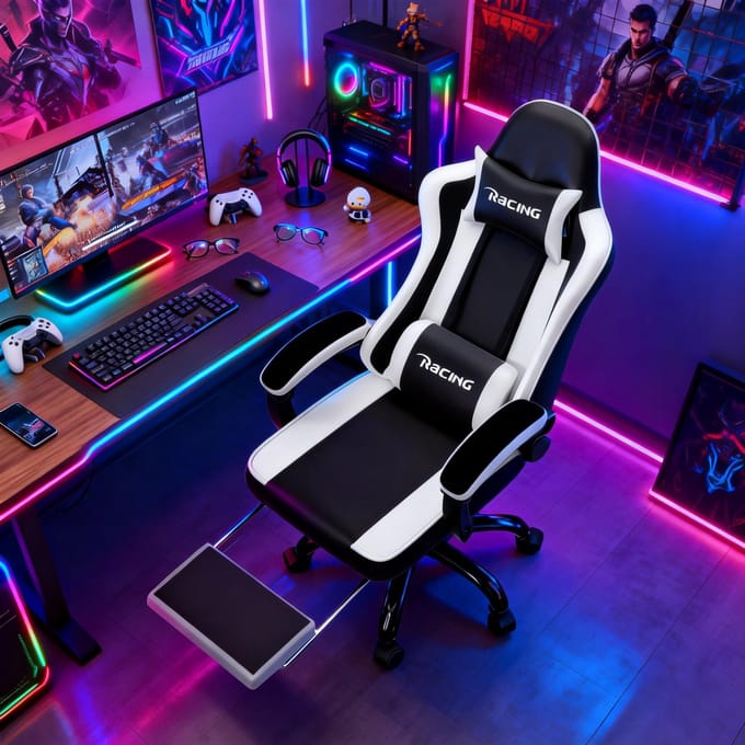 Elekiatech Gamingstoel - 165°Rugleuning - Gamestoel met Voetensteun - Zwart/Wit