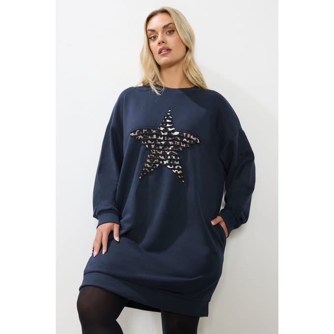 Yours Marineblauwe Luipaardsterren Sweatshirtjurk Size 48