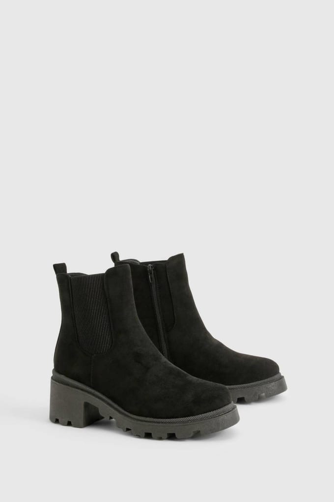 boohoo Dames Wide Fit Nep Suede Low Block Chelsea Boots | Black | Maat: 4