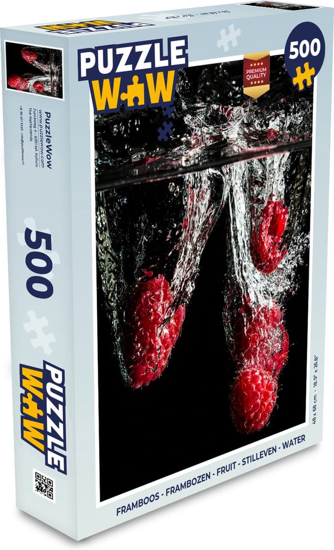 Puzzel Frambozen - Fruit - Stilleven - Water - Zwart - Rood - Legpuzzel - Puzzel 500 stukjes