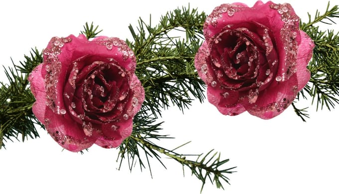 Kerstboomversiering Bloem - 2x - 15 cm - roze - glitter - op clip - ornament - kerst - kerstster