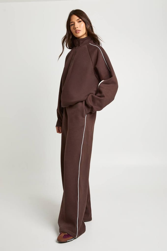 boohoo Dames Half Zip Sweatshirt Tracksuit met Paspeldetail | Chocoladebruin | Maat: Small
