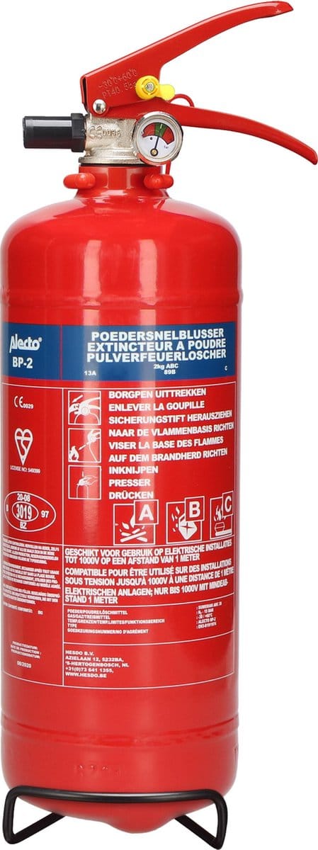 Alecto BP2 Brandblusser - Poederblusser 2 kilogram - Brandklasse ABC - Inclusief Ophangbeugel