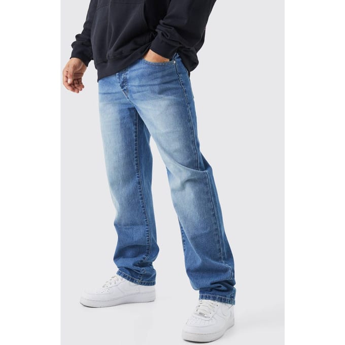 Relaxed Rigid Washed Jeans | Mid Blue | Size 48R
