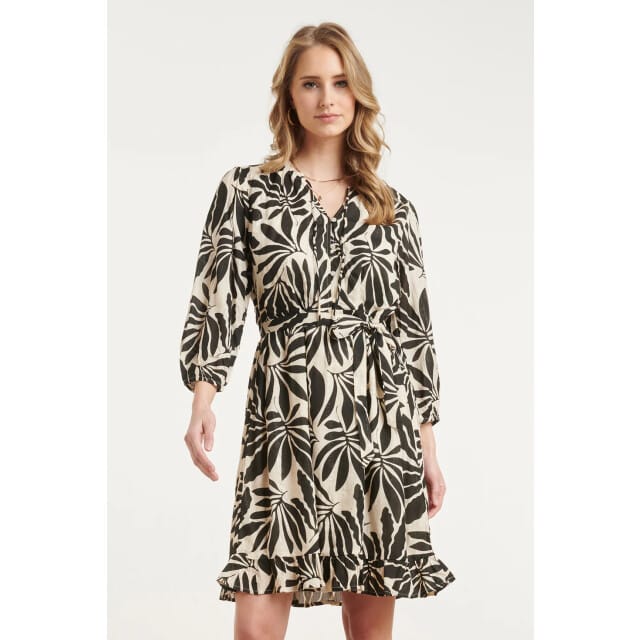 Smashed Lemon Zwart-beige bladerenprint jurk met ceintuur |