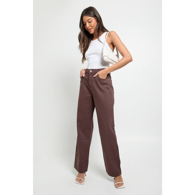 boohoo Dames Versierde hoge taille, wijde pijpen spijkerbroek | Chocolate | Maat: 16