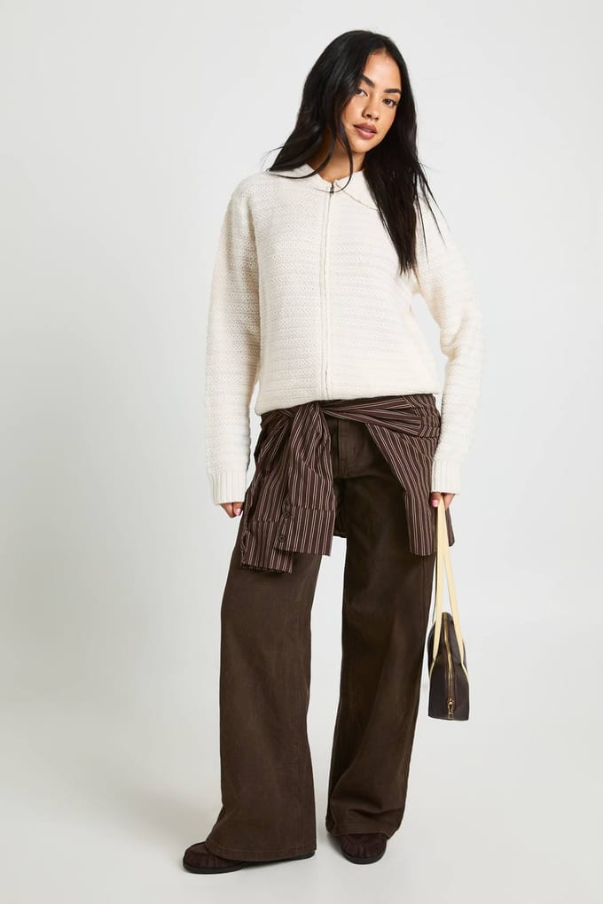 boohoo Dames Gebreide cardigan met ritssluiting en getextureerd kraagdetail | Creme | Maat: Medium