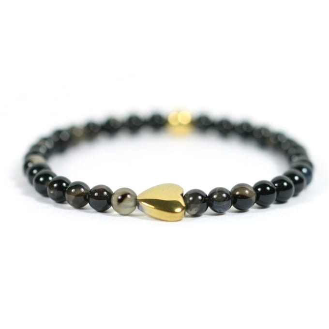 Dames armband zwart agaat 4mm Goud RVS hart - 17,5 cm Heaven Eleven