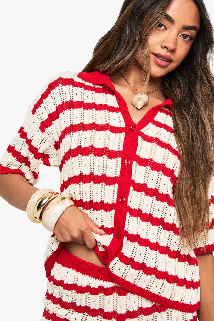 boohoo Dames Gehaakte Gestreepte Blouse Met Kraag En Korte Broek Set | Red | Maat: Medium
