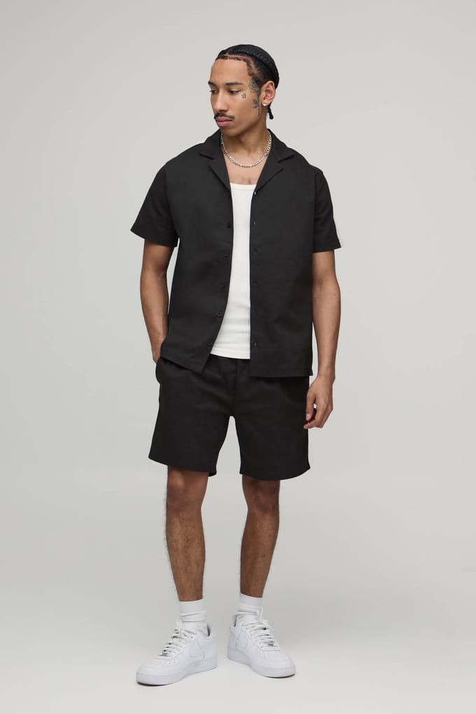 Twill Contrastband Regular Overhemd & Relaxed Shorts Set | Charcoal | Size Medium