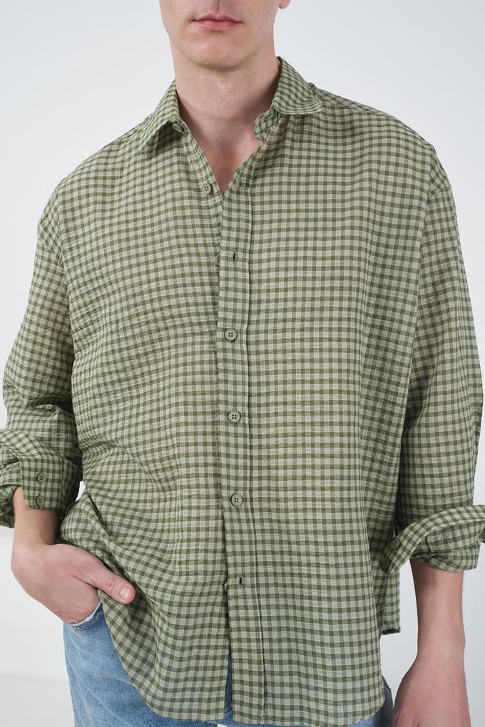Heren Ontspannen Geruite Poplin Shirt