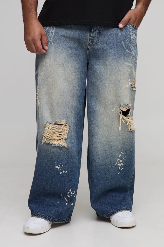 Plus Ketting Bedrukt Gescheurde Baggy Fit Jeans | Vintage Blue | Size 44