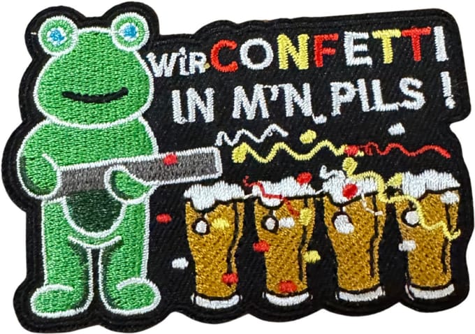 Strijkembleem/applicatie, 'Wir confetti in m'n pils"